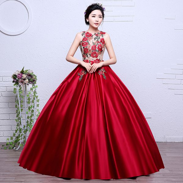 Colorido Organza Venta caliente Nuevo estilo Bordado rojo Niñas Vestido de novia 2018 O-cuello Nupcial Vestido de barco Vestidos De Novia