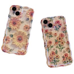 Kleurrijk schilderen bedrukte zonnebloemen bloemen glanzende tpu duidelijke krullende golven rand bescherming telefoonhoesje voor iPhone 15 pro max 14 13 12, schattige hoes