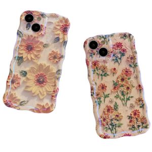 Kleurrijk schilderen bedrukte zonnebloemen bloemen glanzende tpu duidelijke krullende golven rand bescherming telefoonhoesje voor iPhone 15 pro max 14 13 12, schattige hoes