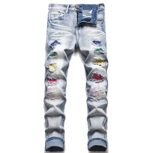 Kleurrijke patch jeans broek mannen slank fit hoogwaardige ontwerp rechte motorrijder grote maat motocycle hiphop broek voor heren voor mannelijke 28-42