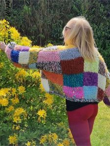 Kleurrijk patchwork geruit gebreid vest jas mode losse gehaakte cropped jas met lantaarnmouwen herfst vrouwelijke streetwear