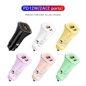 Cargador de coche colorido PD 18W Puerto A + C 2.4A puerto dual USB + cargadores de teléfono para coche rápidos tipo c Adaptador de salida real de 12W