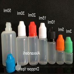 Flacons compte-gouttes colorés en PE 3 ml 5 ml 10 ml 15 ml 20 ml 30 ml 50 ml Conseils d'aiguille avec capuchon de couleur à l'épreuve des enfants Pointe compte-gouttes pointue en plastique Eliquid Bo Hqgd