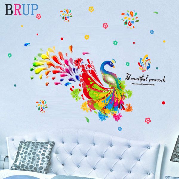 Pegatinas de pared coloridas de pavo real para habitación de niños, decoración artística para el hogar, vinilo de Pvc, calcomanías de animales para pared, papel tapiz creativo