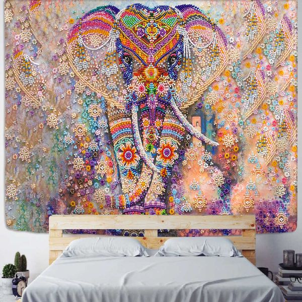 Tapiz de elefante de perlas coloridas, estilo mosaico 3D, tapices de pared bohemios Hippie, alfombrilla de tela de Mandala, decoración para sala de estar 210609