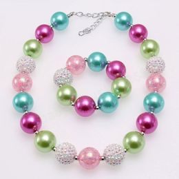 Collares de perlas de colores Chunky Lake azul + rosa rojo Conjunto de pulseras y collar con cuentas Moda para niñas/niños/niños Conjunto de joyas de chicle para regalos de fiesta