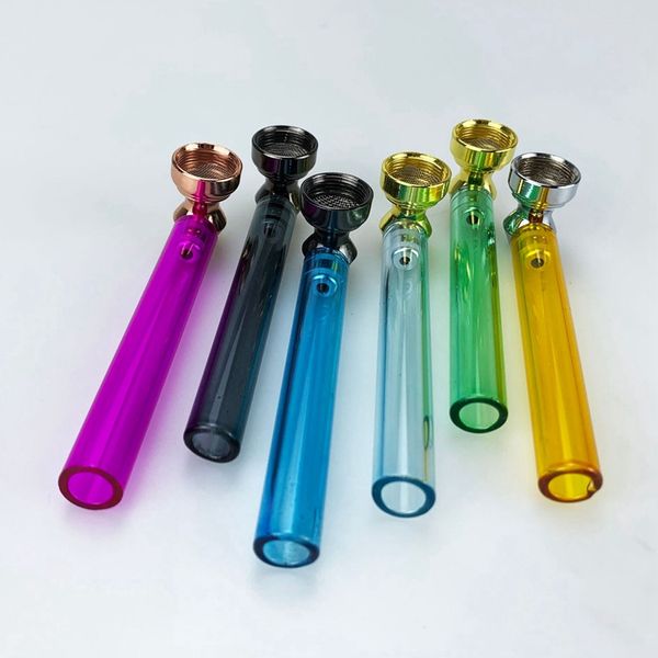 Pipes colorées Pyrex Verre épais Conception portable Cuillère en métal Filtre à écran argenté Bol de tabac à herbes sèches Bong Pipe à main Amovible Plate-formes pétrolières Porte-cigarette