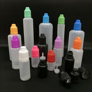 Kleurrijke plastic flessen 3 ml 5 ml 10 ml 15 ml 20 ml 30 ml 50 ml 60 ml 100 ml 120 ml E-vloeistofdruppelflessen met lange dunne tips Sabotagedoppen Devan