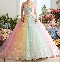 Jolies robes de bal en tulle arc-en-ciel colorées avec des appliques de dentelle de fleurs 3D longueur au sol robe de princesse bouffante Quinceanera robes de fête d'anniversaire 2023