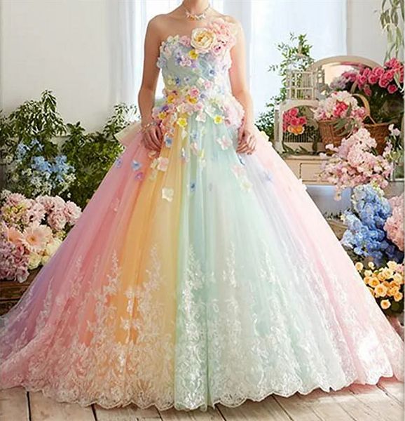 Robes de princesse colorées en tulle quinceanera, avec des appliques en dentelle florale 3D, col en cœur, sans manches, corset, robe de fête d'anniversaire pour filles, robe de bal