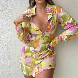 Kleurrijke print lange mouw bodycon jurk shirt lente herfst vrouwen club mini korte vestido feminino 210427