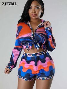 Kleurrijke print shirt sets voor vrouwen herfst lange mouw revershals knop omlaag Shirthigh taille bodycon mini broek lounge outfits 240520