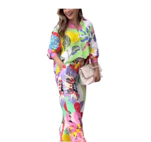 Kleurrijk gedrukt tweedelig vrouwencasual shirt en brede poot broek set ontwerper dames zomerpak