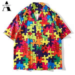 Coloré Puzzle Imprimer Chemise À Manches Courtes Hommes Été Plage Hawaïenne Pour Hommes Japonais Streetwear Hip Hop Bouton Up Hommes Casua2623