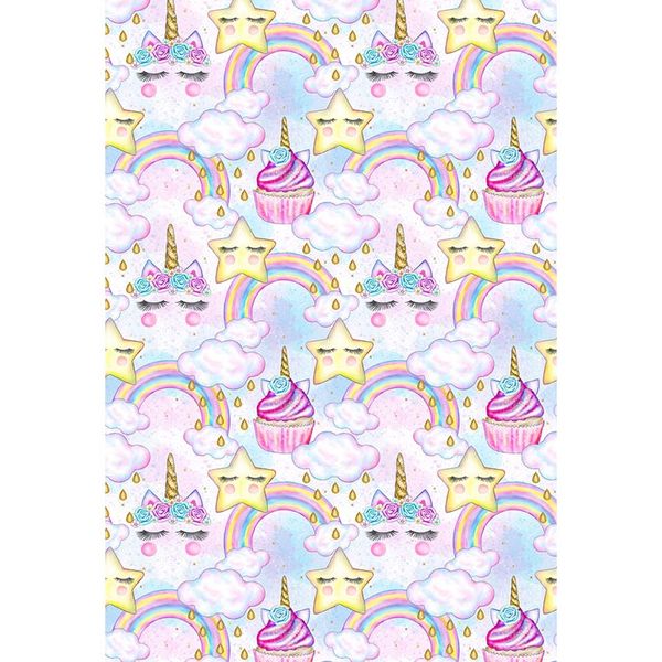 Fondo colorido de arcoíris y nubes para fiesta de unicornio de niña, pasteles impresos, estrellas, fondo para fotomatón de cumpleaños en acuarela para niños