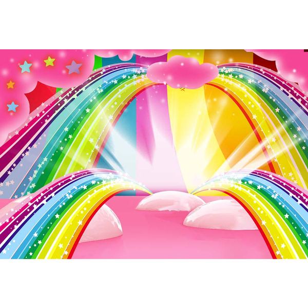Toile de fond arc-en-ciel colorée pour photographie, étoiles imprimées, nuages roses, princesse, fête d'anniversaire pour bébé fille, arrière-plan de stand Photo sur le thème