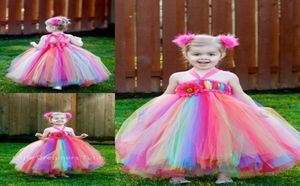 Kleurrijke regenboogbloem meisjes039 jurken halter halslijn enkel lengte gekleurde tule ball jurk kleine kinderen babymeisjes optocht dr4377215