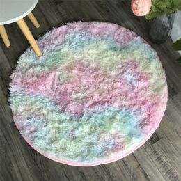 Coloré Arc-En-Moelleux Tapis Gradient En Peluche Filles Tapis Salon Chambre Princesse Enfants Chambre Doux Rond Tapis De Chevet Décor À La Maison 210301