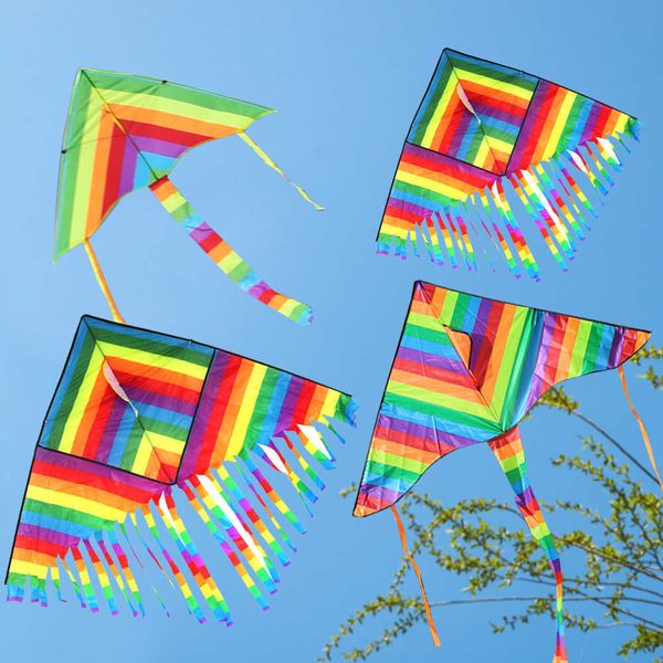 Cerf-volant coloré arc-en-ciel à longue queue en Nylon pour enfants, jeu d'extérieur, jouets Parent-enfant, cadeau d'anniversaire 0110