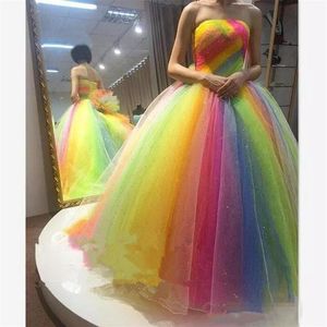 Kleurrijke regenboog prom jurken kralen strapless nek tule lange avondjurken goedkoop formeel feest bruidsmeisje optochtjurken230s230s