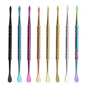 Outil de dabber de cire d'argent arc-en-ciel coloré Accessoires de fumage Outils de tamponnage longs Outils de dab en métal Cuillère unique Pelle Scoop Herbe sèche pour Banger Nails Bongs Conduites d'eau