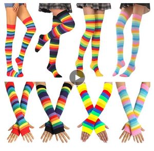 Kleurrijke Regenboog Kousen Leuke Dij Knie Sokken Dans Sokken Gestreepte Arm Warmer Handschoenen Dames Cosplay Kostuum