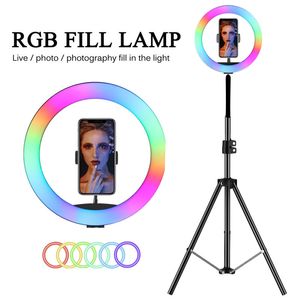 Colorful RGB LED Ring Lamp 10inch 26cm Light with Mobile Phone Holder 1.6M Stand Tripod for TikTok Vlogging YouTub Live Video Bloggers Vlog