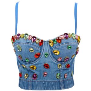 Kleurrijke Rijn Denim Bustier Crop Top Camis Big Crystal Jean Corset Push Up Bh Sexy Dames Tanks Blauw8075676