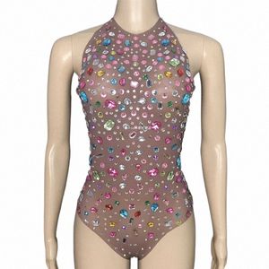 Body coloré Rhinestes Sexy Mesh Léopards Discothèque Party Pole Gogo Dancer Costume Femmes Chanteur Festival Outfit XS6056 T52m #