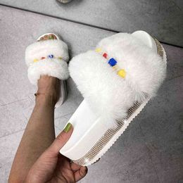 Kleurrijke Rhinestone Furry Faux Bont Dia's Platform Sandalen Dames Witte Leuke Pluche Verfraaid Diamante Glitter Modish Slippers H1122