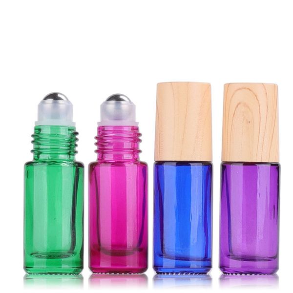 Botellas de color de colorido en botellas de 5 ml recargables de perfume con bolas de acero inoxidable y tapa de grano de madera de plástico de plástico para aceite esencial