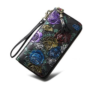 Kleurrijke roos vrouwen echt leer lange clutch portemonnee rits tassel mode telefoon clutch bag portefeuilles