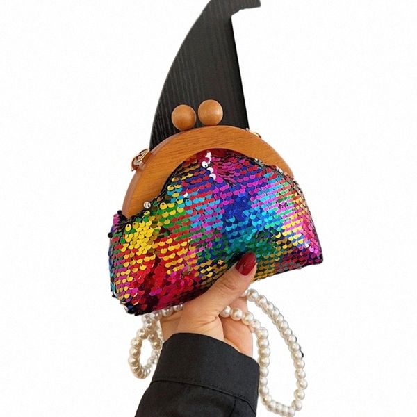 Bolso de mano de noche con lentejuelas coloridas para mujer, bolso de mano con Clip de madera, cadena de perlas Retro, bolso de hombro tipo bandolera Mini 0620 # 2023