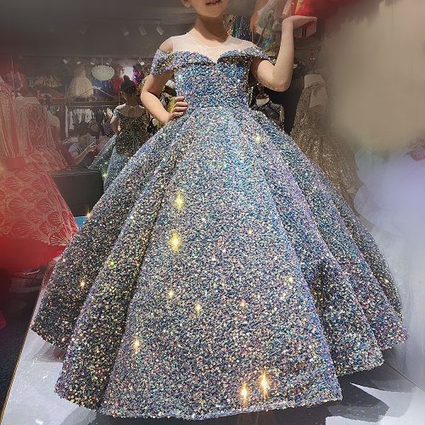 Robe de bal à paillettes colorées pour filles, épaules dénudées, manches courtes, paillettes scintillantes, robes de concours pour enfants, robes de fête d'anniversaire