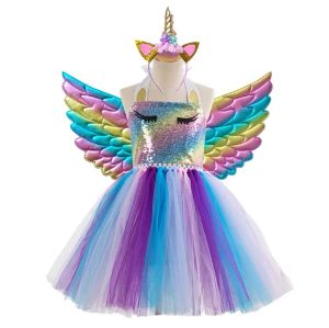 Vestido de baile para niñas con lentejuelas coloridas, falda de princesa de malla de arcoíris con alas y diadema, vestido veraniego de tul para fiesta de niña ZZ