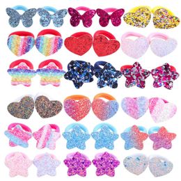 Attaches de cheveux à paillettes colorées pour enfants, bandeau élastique mignon en forme de cœur et d'étoile, accessoires de cheveux à la mode, prix de gros