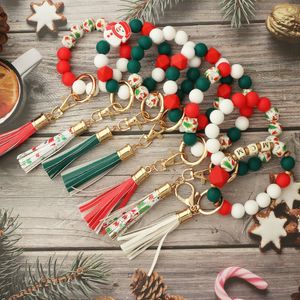 Kleurrijke siliconen kerstkralen bedelarmband sleutelhanger polsbeten lederen tassel sleutelring armband voor vrouwen sieraden geschenken