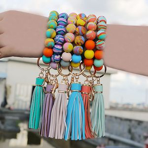 Kleurrijke siliconen elastische kralen armbanden sleutelring kralen armband Keychaintassel sleutelhanger vrouwen mode sieraden