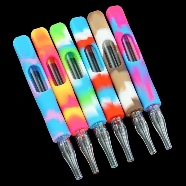 Peau de silicone colorée Protégez les tuyaux en verre épais Style crayon Herbe Tabac Fumer Bong Cire Huile Rigs Ongles Astuce Porte-pipe à eau Paille Cigarette portable