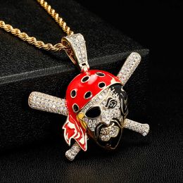 Coloré Crâne Tête Pirate Croix Zircon Pendentif Collier Hommes Punk Marque De Mode Personnalité Colliers Or Jaune Plein Diamant Hip Hop Bijoux Bijoux Pour Hommes