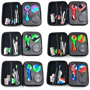 Kleurrijk Roken Siliconen Handpijpen Grinder Kit Draagbare Droge Kruiden Tabaksfilter Zilveren Scherm Grind Stash Case Dabber Lepel Wax Olie Rigs Opbergdoos Reinigingsborstel