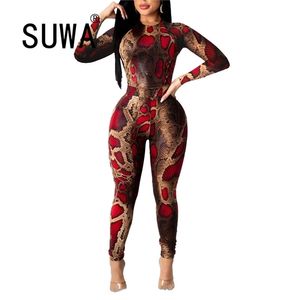 Serpent coloré imprimé sexy club deux pièces tenues pour femmes correspondant ensembles à manches longues crop top et pantalon crayon tendance chic 210525