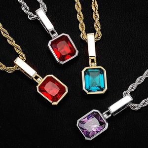 Coloré Solide Grand Carré Zircon Cubique Pendentif Collier Chine-chic Bijoux Simple Bijoux De Mode Pour Hommes Femmes Chaîne Or 14K Cz Pierre Rock Diamant Accessoires