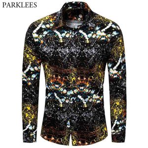 Kleurrijke Splash Inkt Mannen Shirts Shiny Nightclub Party Heren Jurk Shirt Mode Casual Slim Fit Heren Lange Mouw Chemise Homme VS 210524