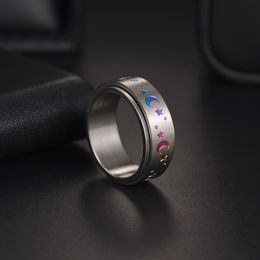 Kleurrijke Ster Maan Ringen Draaien Roestvrij Stalen Ring Spinner Decompressie Ring Verlichten Angst 8MM Kan Worden Gedraaid Band Dames mode-sieraden