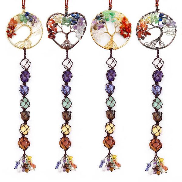 Pierre colorée sept couleurs cristal original pierre tissé à la main pendentif pierre naturelle vie arbre voiture suspendu rêve pendentif