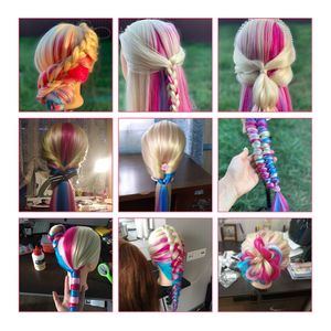 Colorful synthétique Practice Hair Doll Head mannequin tête pour coiffure Hairdressing Training Head with Mini Trépied Hair 28inch