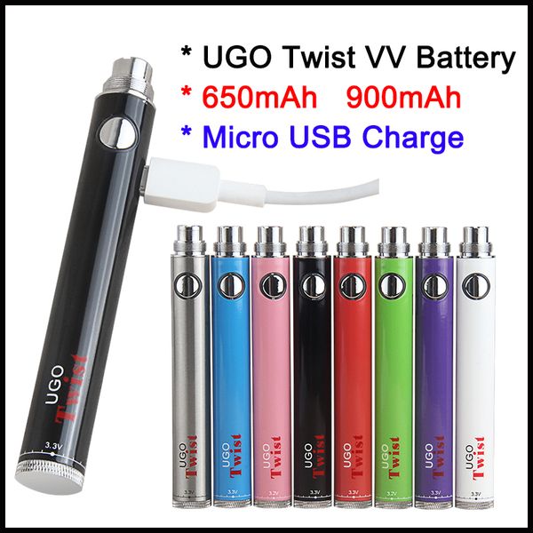 Authentique batterie de cartouche de stylo UGO Twist Vape avec chargeur USB Passtrough eGo VV 650mAh 900mAh Evod Twist Tension réglable Vaper E Cigs