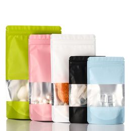 Bolsas de papel de aluminio con ventana colorida, bolsa con cierre hermético esmerilado vacío, bolsa de embalaje para aperitivos y joyas