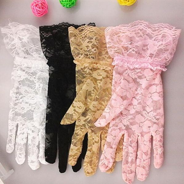 Coloridas mujeres boda guantes de encaje nupcial accesorios novia tul flores hueco corto volantes guante coche coche protección sol protección guantes de novia